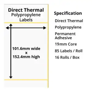 Polypropylene Thermal Labels 101.6 x 152.4mm 19mm Cores