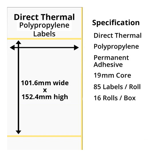Polypropylene Thermal Labels 101.6 x 152.4mm 19mm Cores