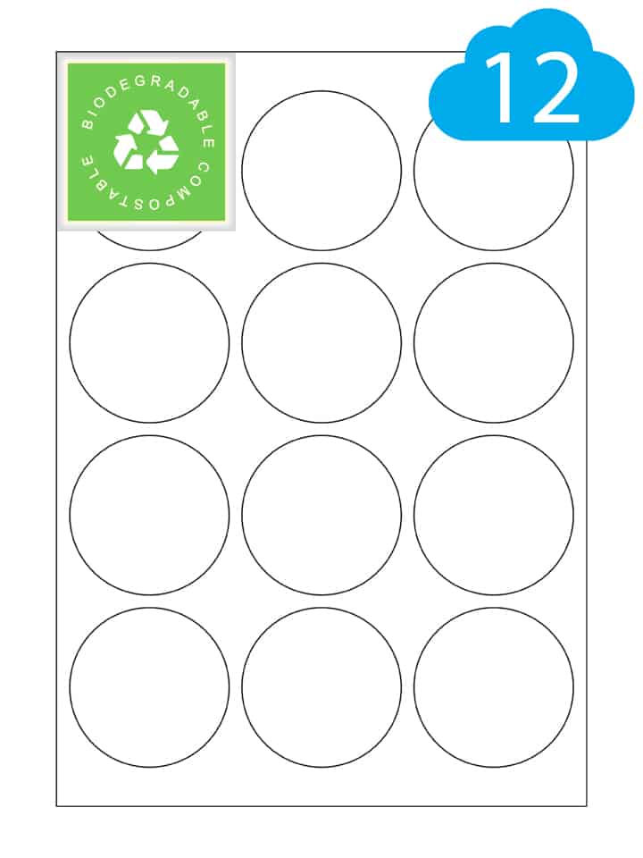 Round Biodegradable Labels - 12 Per A4 Sheet - 64mm Circles - CL1264BIOR