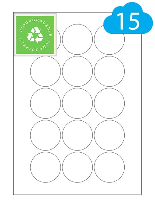 Round Biodegradable Labels - 15 Per A4 Sheet - 51mm Circles - CL1551BIOR