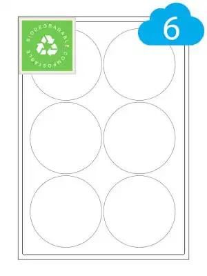 Round Biodegradable Labels - 6 Per A4 Sheet - 88mm Circles - CL688BIOR