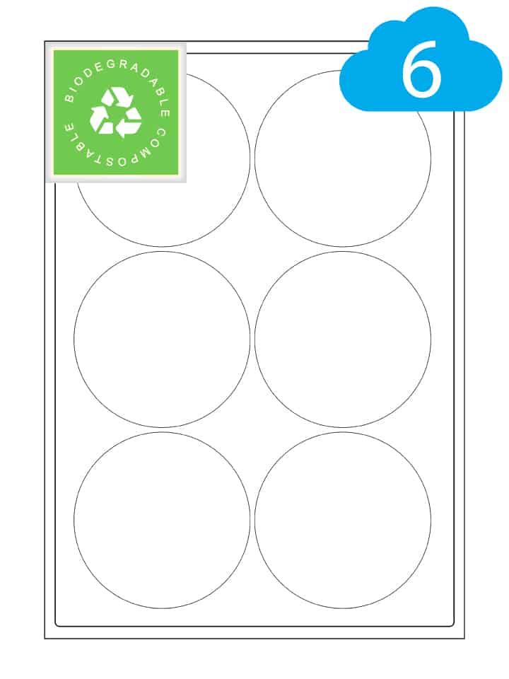 Round Biodegradable Labels - 6 Per A4 Sheet - 88mm Circles - CL688BIOR