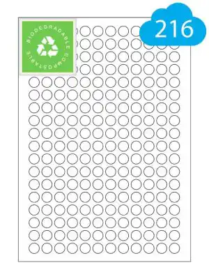 Round Biodegradable Labels - 216 Per A4 Sheet - 13mm Circles - CL21613BIOR